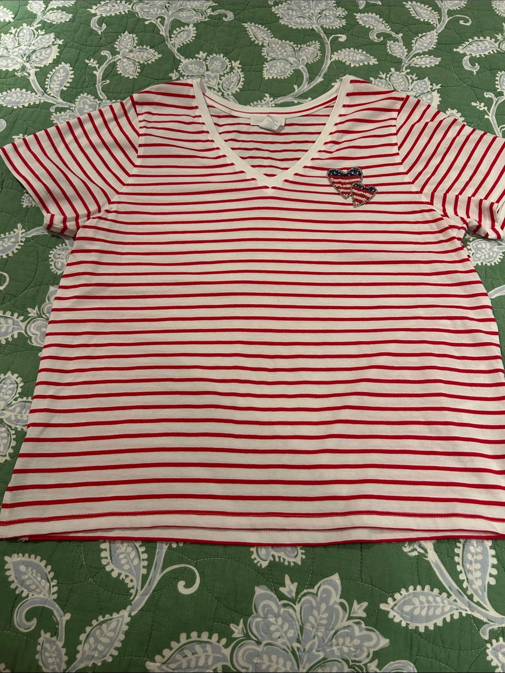 Cynthia Rowley Red, white, and blue patriotic striped v-Neck Tee Heart Patch